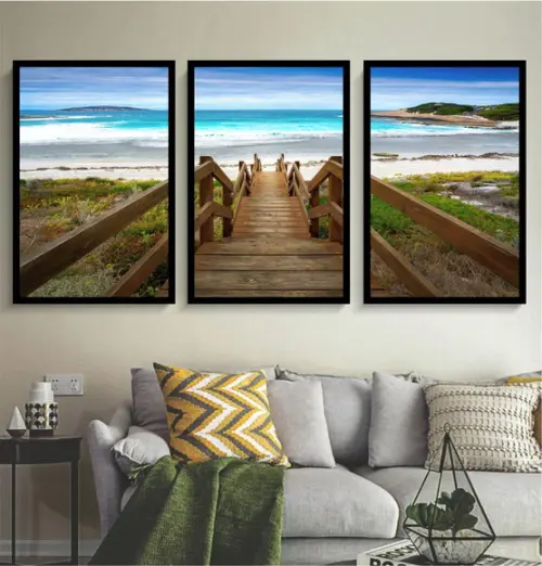Kit 3 Quadros Praia Deck Paisagem Mar Decoração Com Moldura