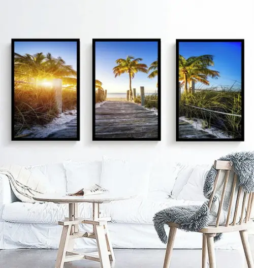 Kit 3 Quadros Praia Deck Paisagem Palmeira Decoração Moldura