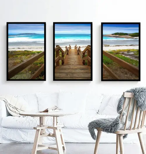 Kit 3 Quadros Praia Deck Paisagem Mar Decoração Com Moldura