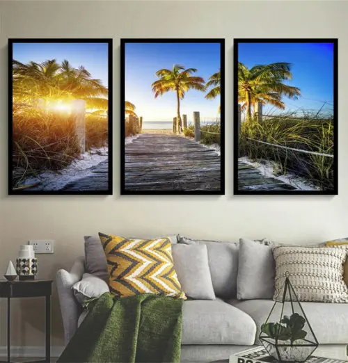 Kit 3 Quadros Praia Deck Paisagem Palmeira Decoração Moldura