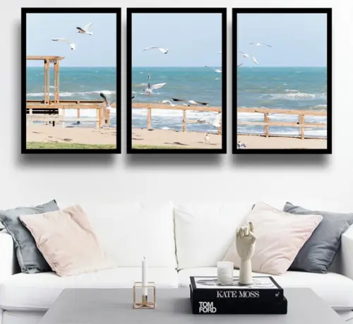 Kit 3 Quadros Praia Deck Pássaros Decoração Conjunto Moldura