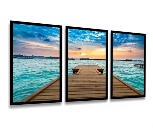 Kit 3 Quadros Praia Deck Pôr Do Sol Decoração Praia Moldura