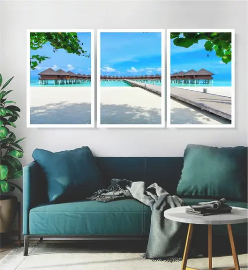 Kit 3 Quadros Praia Deck Resort Paisagem Decoração Moldura