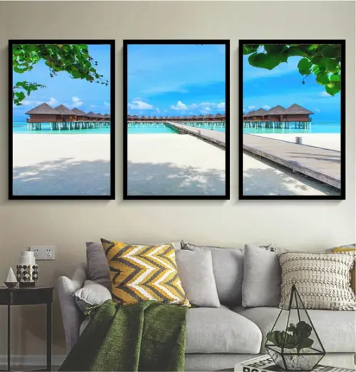 Kit 3 Quadros Praia Deck Resort Paisagem Decoração Moldura