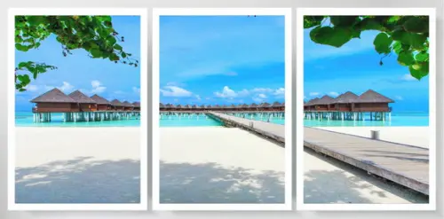 Kit 3 Quadros Praia Deck Resort Paisagem Decoração Moldura