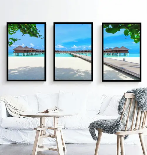 Kit 3 Quadros Praia Deck Resort Paisagem Decoração Moldura