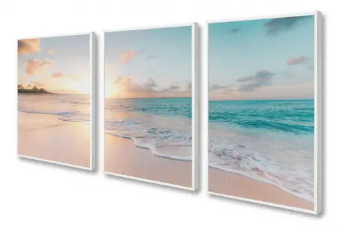 Kit 3 Quadros Praia Decoração Paisagem Mar Sol com Molduras
