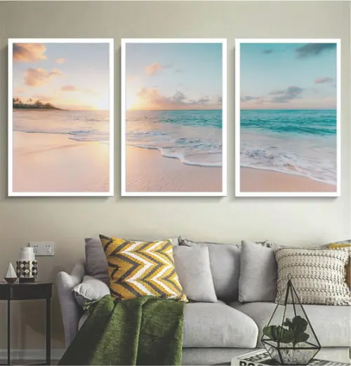 Kit 3 Quadros Praia Decoração Paisagem Mar Sol com Molduras