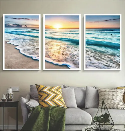 Kit 3 Quadros Praia e Mar Sol Decoração Paisagem com Moldura