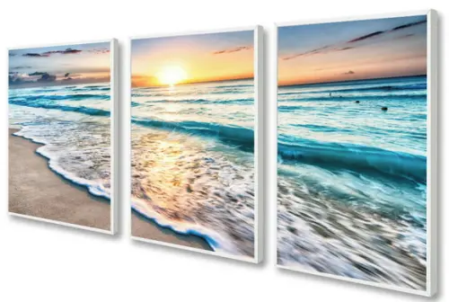Kit 3 Quadros Praia e Mar Sol Decoração Paisagem com Moldura