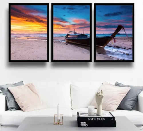 Kit 3 Quadros Praia Litoral Barcos Pesca Decoração Molduras