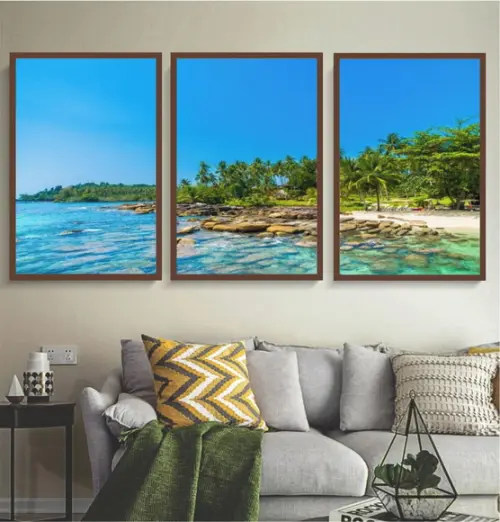 Kit 3 Quadros Praia Mar Azul Paisagem Decoração Com Moldura