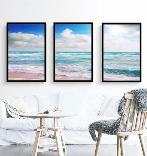 Kit 3 Quadros Praia Mar Azul Paisagem Decoração Com Molduras