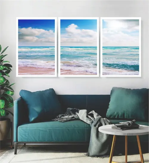 Kit 3 Quadros Praia Mar Azul Paisagem Decoração Com Moldura