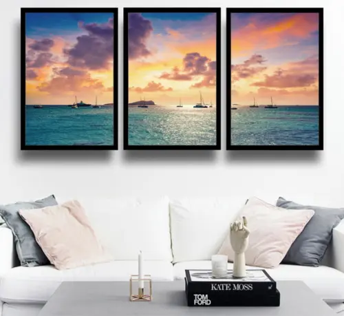 Kit 3 Quadros Praia Mar Barcos Ibiza Decoração Com Molduras