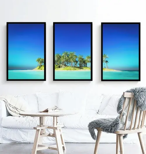 Kit 3 Quadros Praia Mar Céu Azul Decoração Ilhas Com Moldura