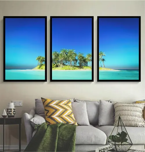 Kit 3 Quadros Praia Mar Céu Azul Decoração Ilhas Com Moldura