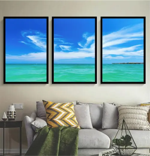 Kit 3 Quadros Praia Mar Céu Azul Decoração Paisagem Moldura