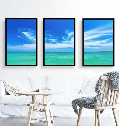 Kit 3 Quadros Praia Mar Céu Azul Decoração Paisagem Moldura