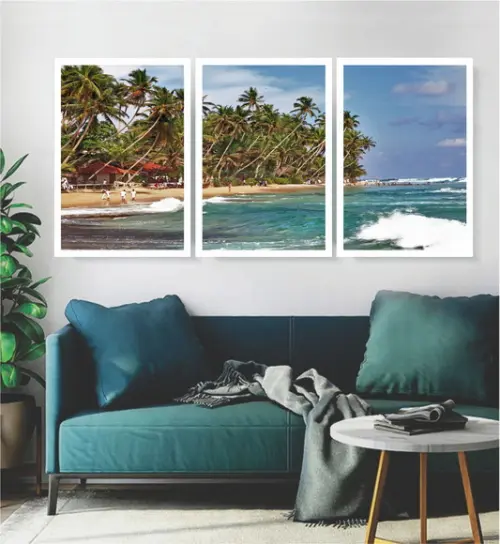 Kit 3 Quadros Praia Mar Coqueiros Paisagem Decoração Moldura
