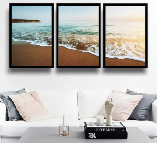Kit 3 Quadros Praia Mar Litoral Oceano Onda Paisagem Moldura