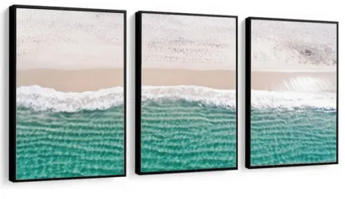 Kit 3 Quadros Praia Mar Onda Decoração Paisagem Com Molduras