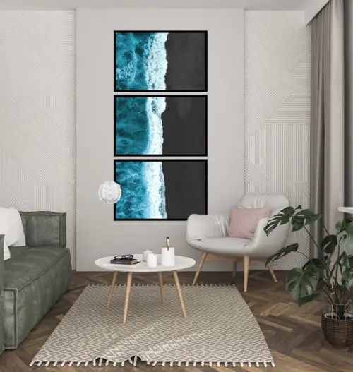 Kit 3 Quadros Praia Mar Onda Paisagem Decoração Com Moldura