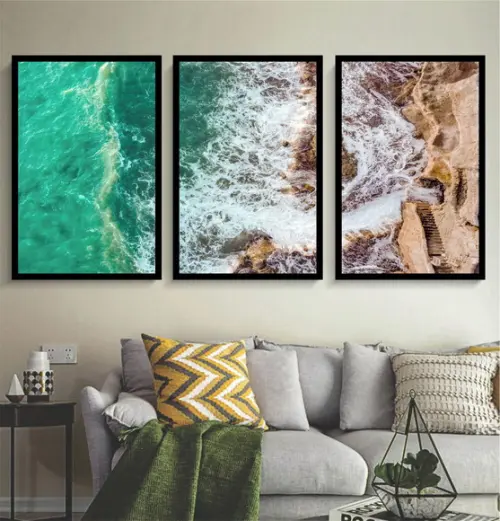 Kit 3 Quadros Praia Mar Ondas Decoração Paisagem Com Moldura