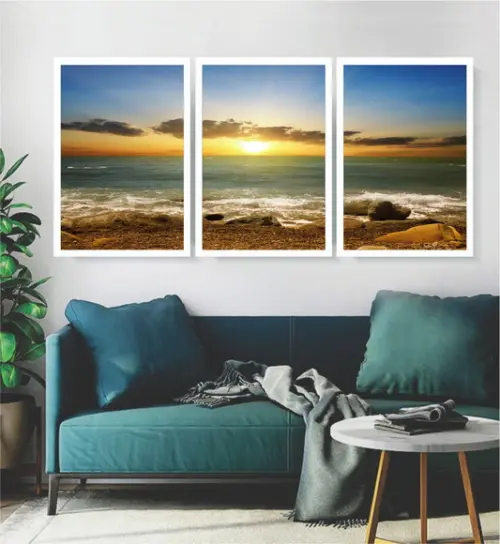 Kit 3 Quadros Praia Mar Paisagem Sol Ondas Decoração Moldura