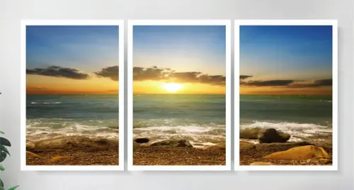 Kit 3 Quadros Praia Mar Paisagem Sol Ondas Decoração Moldura