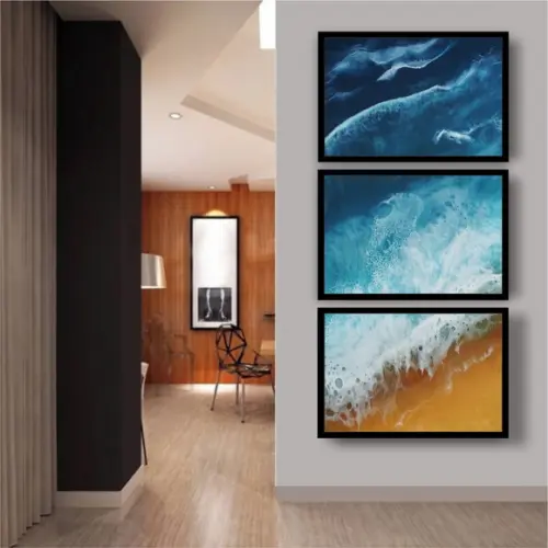 Kit 3 Quadros Praia Onda Decoração Vertical Conjunto Moldura