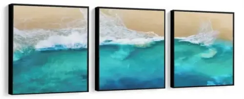 Kit 3 Quadros Praia Onda Mar Azul Decoração Conjunto Moldura