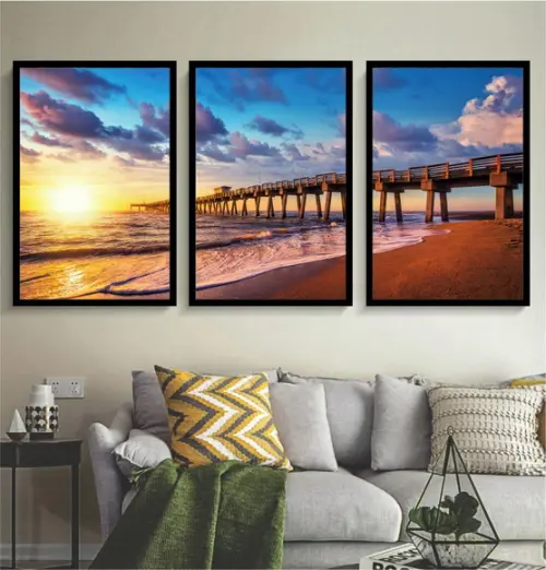 Kit 3 Quadros Praia Paisagem Deck Decoração Conjunto Moldura