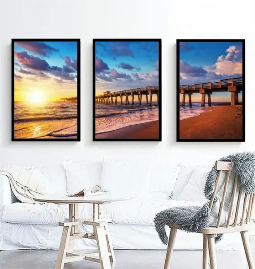 Kit 3 Quadros Praia Paisagem Deck Decoração Conjunto Moldura