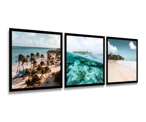 Kit 3 Quadros Praia Paisagem Decoração Conjunto Com Moldura