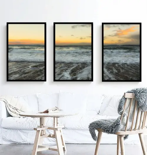 Kit 3 Quadros Praia Paisagem Decoração Sol e Mar Com Moldura