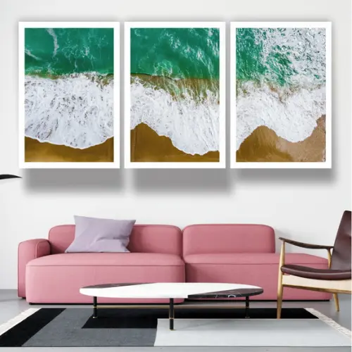 Kit 3 Quadros Praia Paisagem Mar Decoração Conjunto Molduras