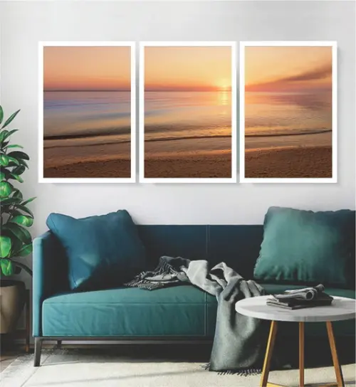 Kit 3 Quadros Praia Paisagem Pôr Do Sol Decoração Moldura