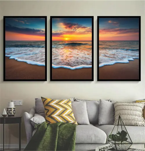 Kit 3 Quadros Praia Paisagem Pôr Do Sol Decoração Molduras