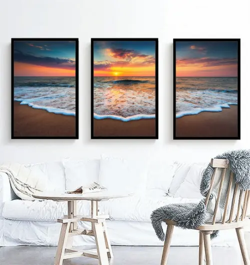 Kit 3 Quadros Praia Paisagem Pôr Do Sol Decoração Molduras