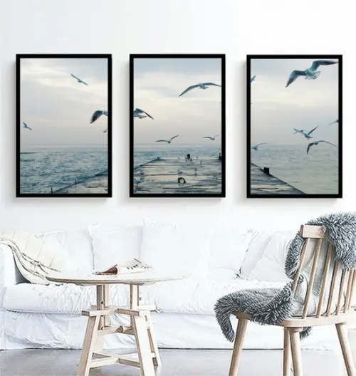 Kit 3 Quadros Praia Pássaros Deck Decoração Paisagem Moldura