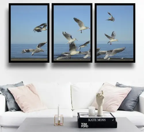 Kit 3 Quadros Praia Pássaros Gaivotas Decoração Com Moldura