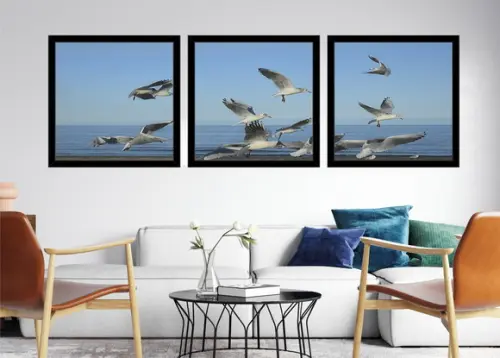 Kit 3 Quadros Praia Pássaros Mar Decoração Conjunto Molduras