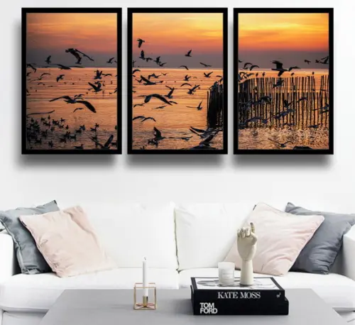 Kit 3 Quadros Praia Pássaros Pôr Do Sol Decoração Moldura