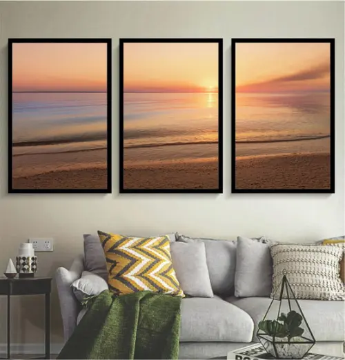 Kit 3 Quadros Praia Pôr Do Sol Decoração Paisagem Moldura