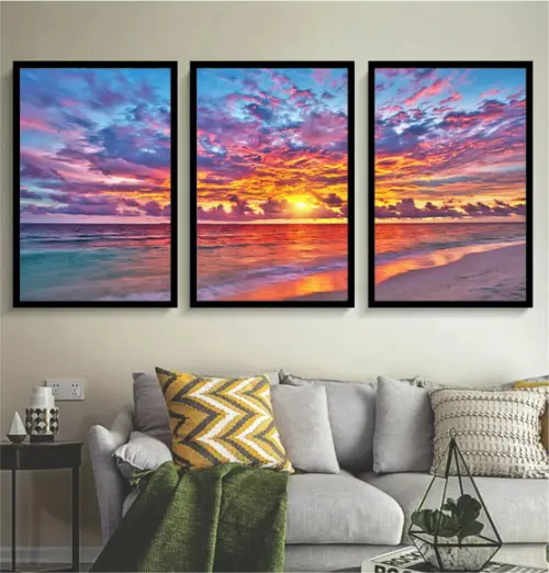 Kit 3 Quadros Praia Pôr Do Sol Decoração Paisagem Molduras