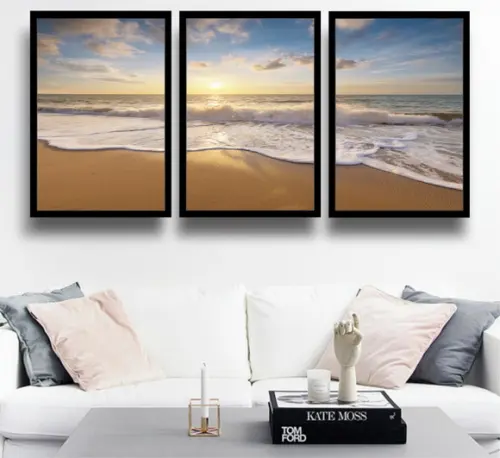Kit 3 Quadros Praia Pôr Do Sol Litoral Decoração Com Moldura