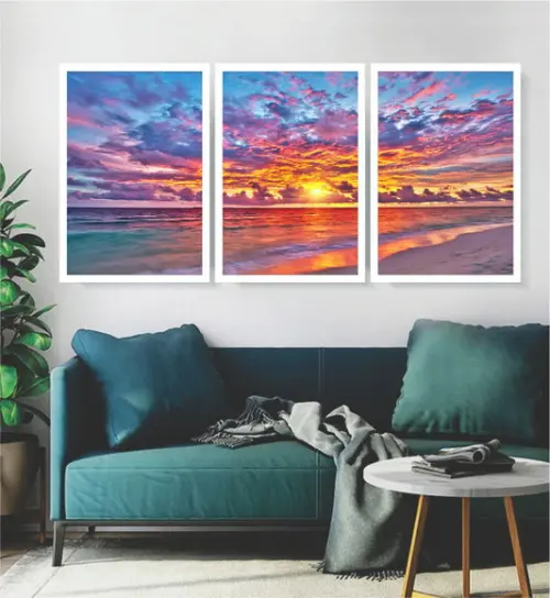 Kit 3 Quadros Praia Pôr Do Sol Decoração Paisagens Molduras