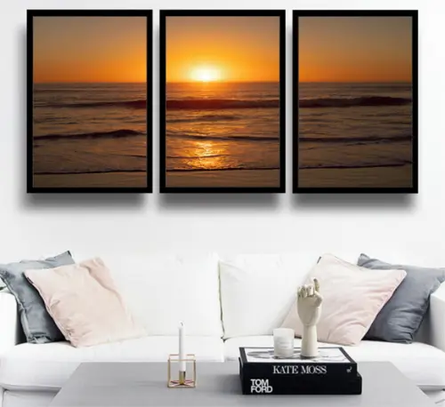 Kit 3 Quadros Praia Pôr Do Sol Litoral Mar Onda Com Moldura