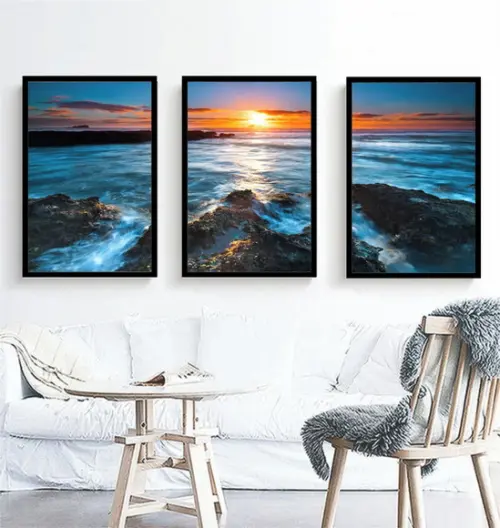 Kit 3 Quadros Praia Pôr Do Sol Mar Azul Decoração Moldura